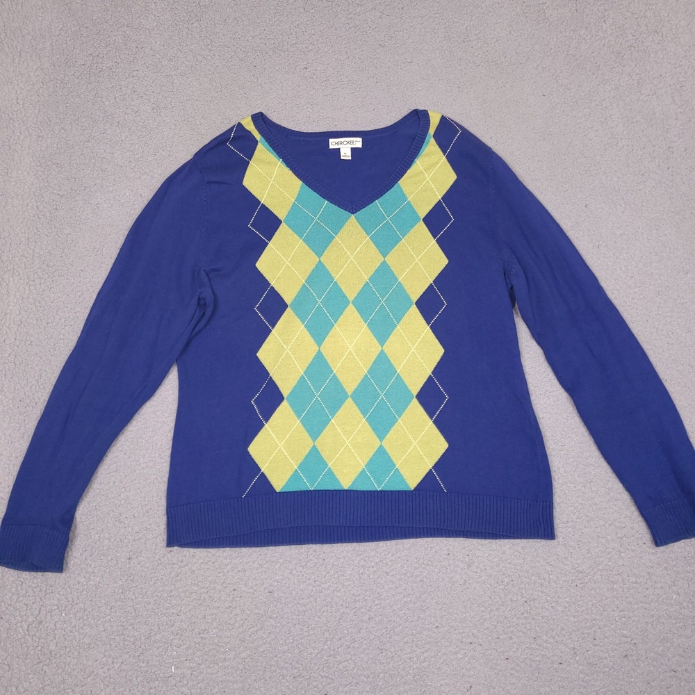 Cherokee Brand Blue Argyle V-Neck Cotton Sweater Womens XL Long Sleeve Preppy